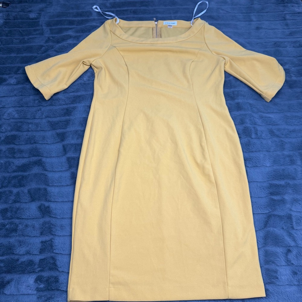 Calvin Klein Womens Yellow Elbow Sleeve Boat Neck Sheath Dress Size 12 13781